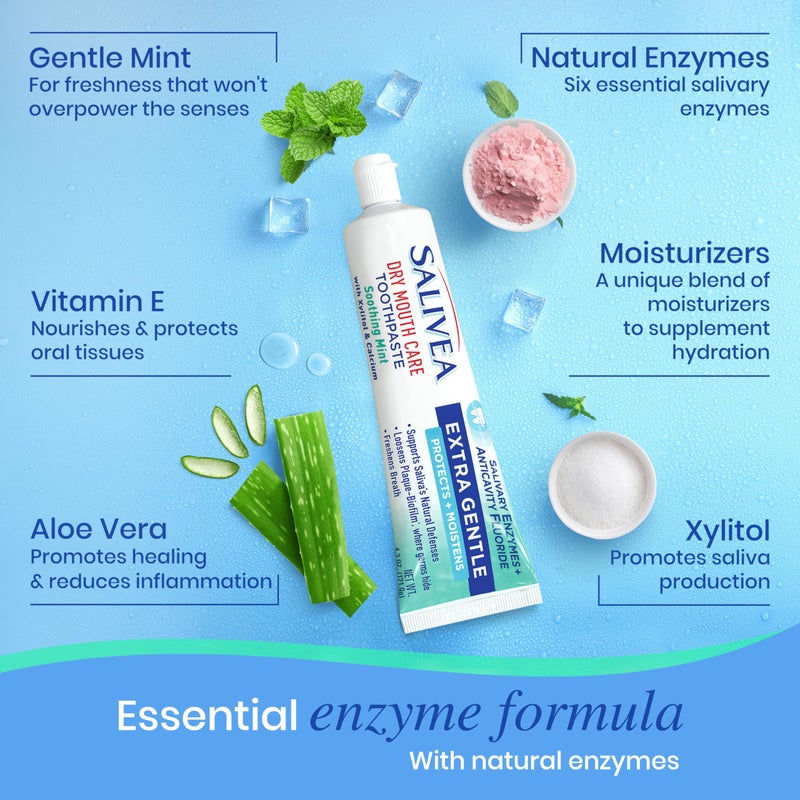SALIVEA Gentle Toothpaste for Dry Mouth Care, 4.3 oz Tube, Anticavity with Fluoride, Natural Salivary Enzymes, Vitamin E & Aloe Vera, Cleans, Moisturizes & Refreshes Breath, Soothing Mint Flavor - Image 4